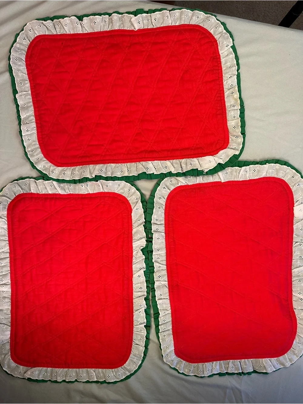 3 Handcrafted Vintage Quilted Red Placemat with White Eyelet Lace and Green Trim